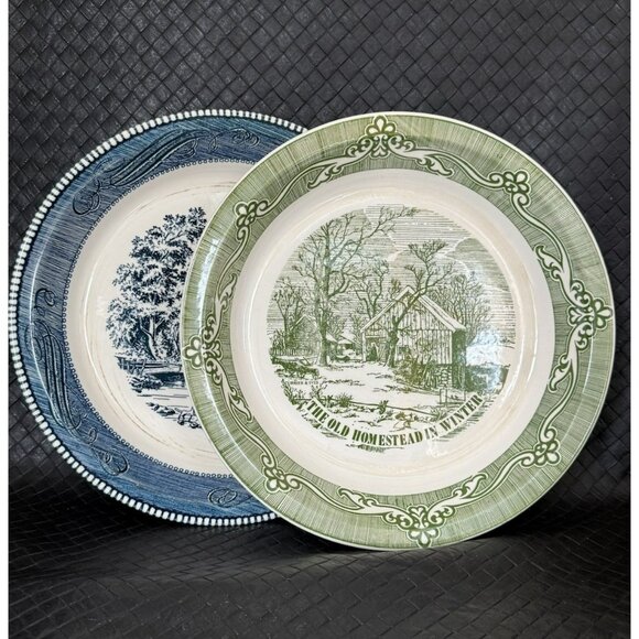 Old Homestead in Winter Pie Plate Royal China Green 10 Currier & Ives Blue Set 2 - Picture 10 of 10